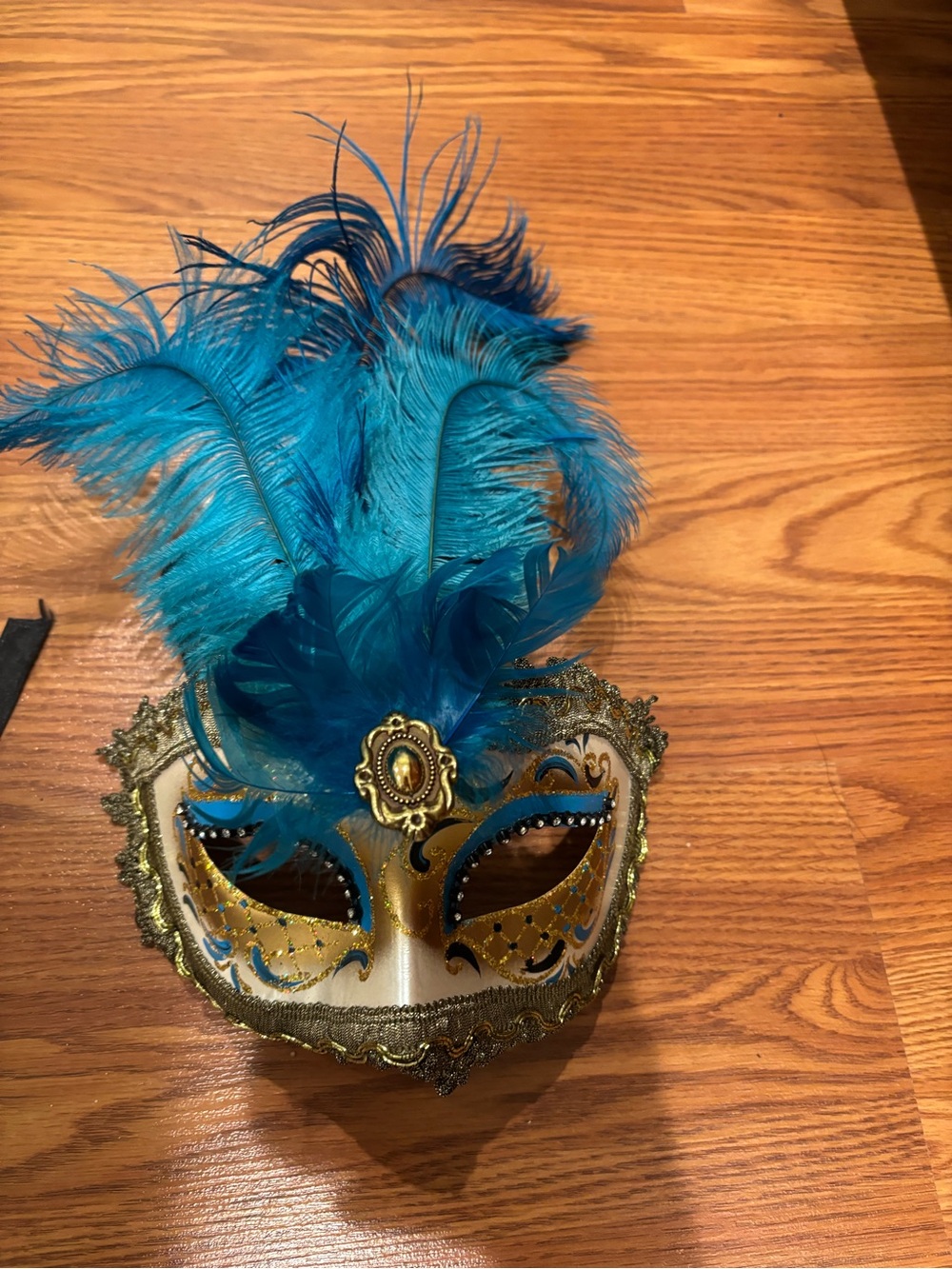 Teal and Gold Feathered Venetian-Style Masquerade Mask
